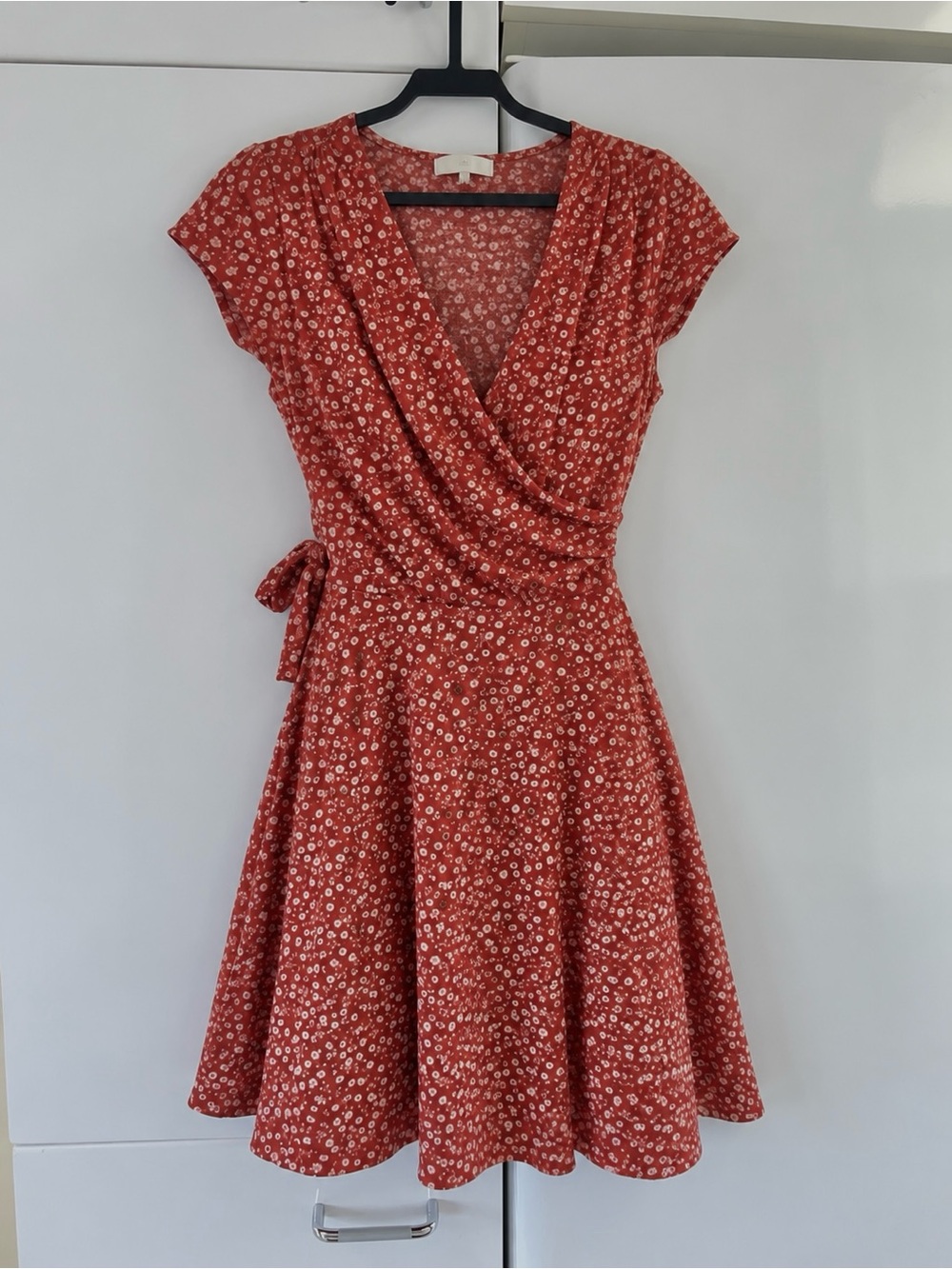 Red Floral Wrap Dress with Short Sleeves
